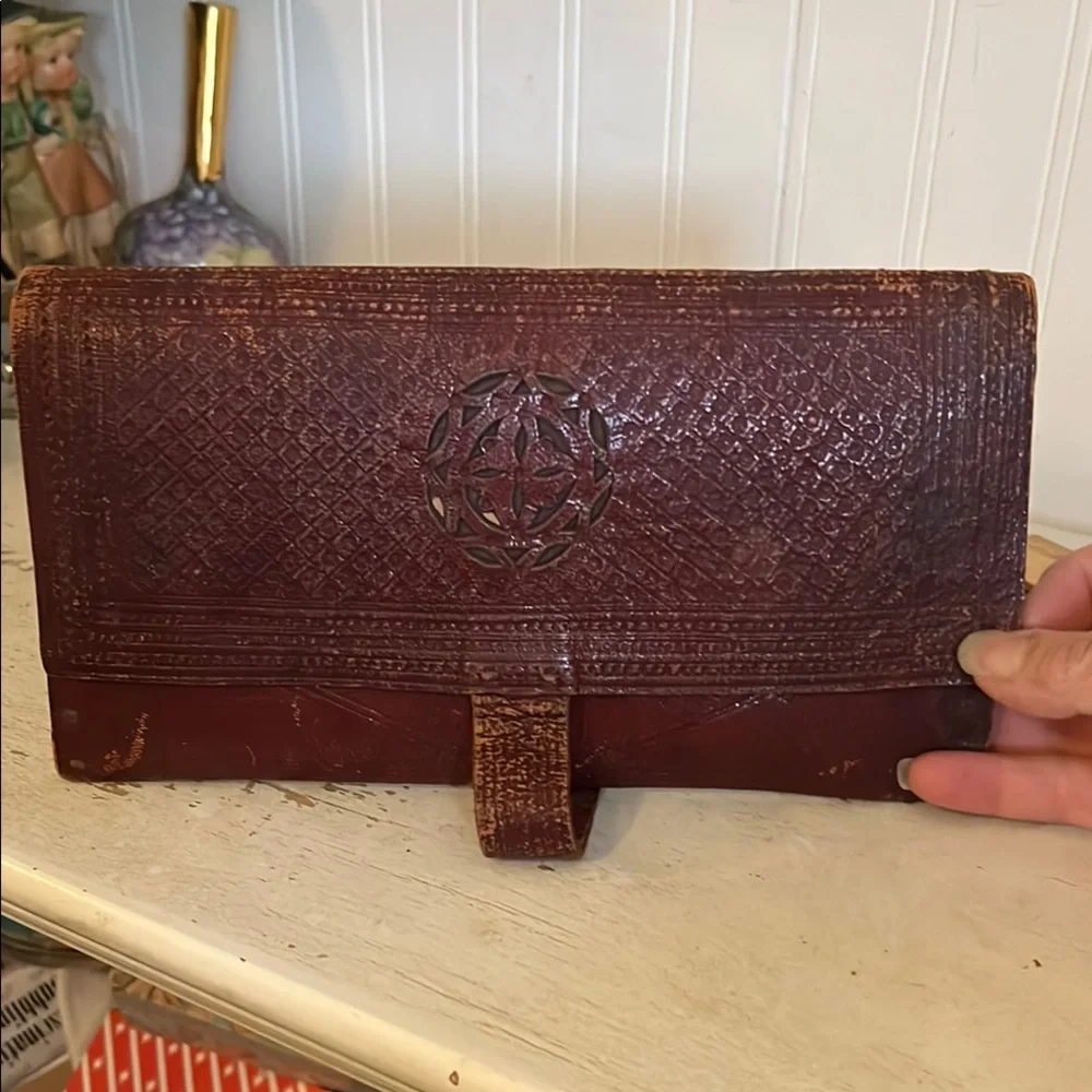 Antique 1900s leather clutch wallet tooled leather